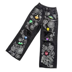 ROMWE Black Wide Leg Jeans Womens S Cosmic Alien Mushroom Graphic Y2K‎